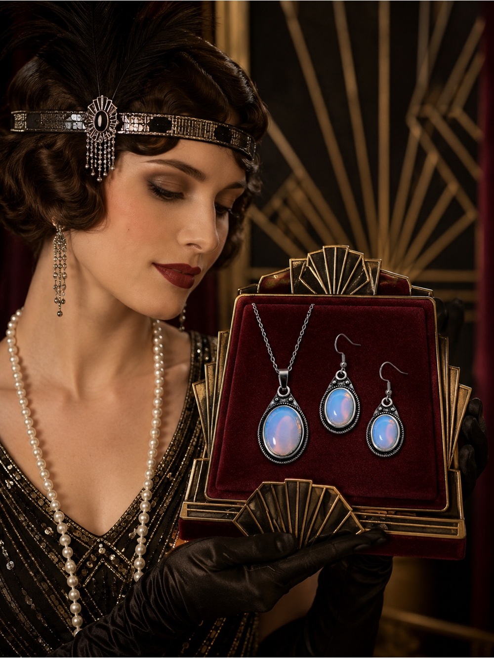 Art Deco Style Opalite 110.00 ctw Earrings and Pendant set